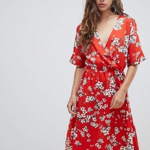 Japanese inspired red floral wrap dress